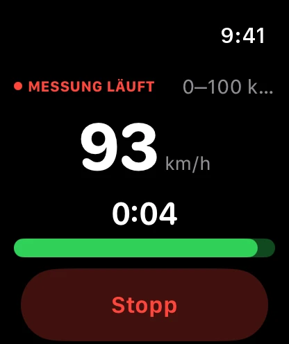 Apple Watch zeigt die laufende Messung mit 93 km/h und vier Sekunden